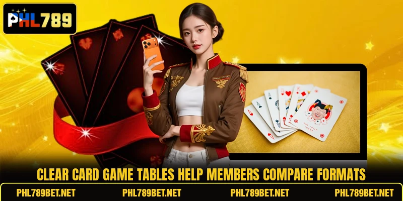 Clear card game tables help members compare formats