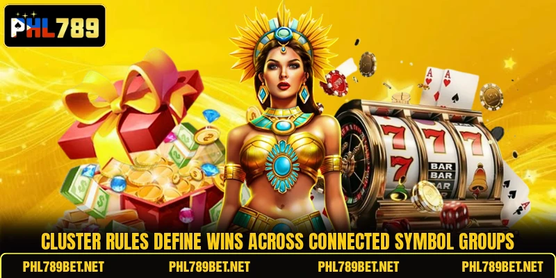 Cluster rules define wins across connected symbol groups