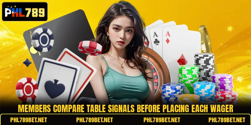 Members compare table signals before placing each wager
