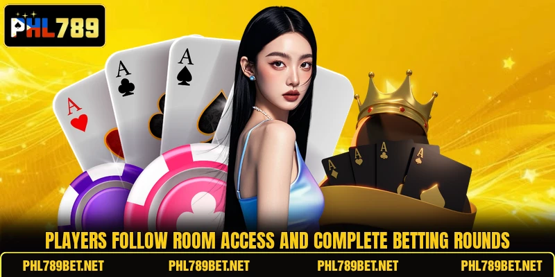 Players follow room access and complete betting rounds